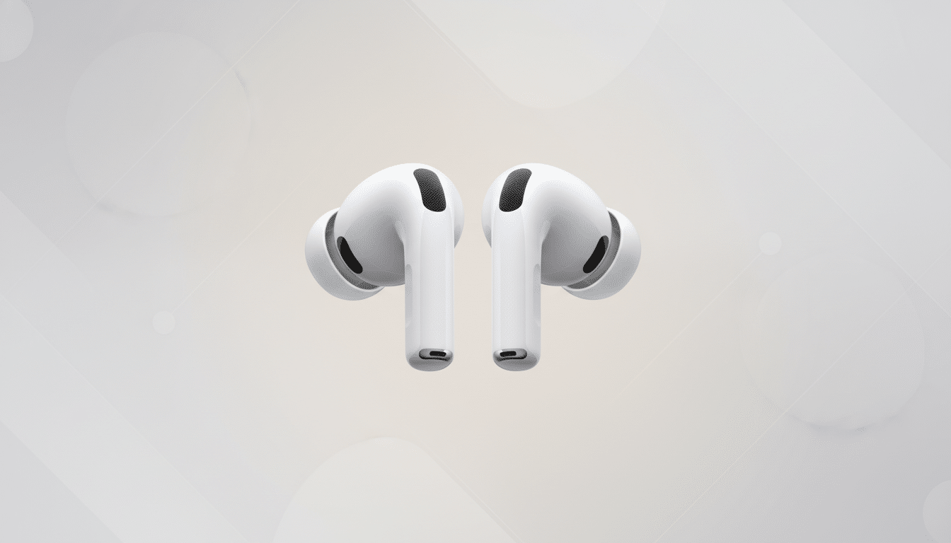 A pair of white wireless earbuds with black accents, presented against a professional flat design background with soft patterns and gradients.