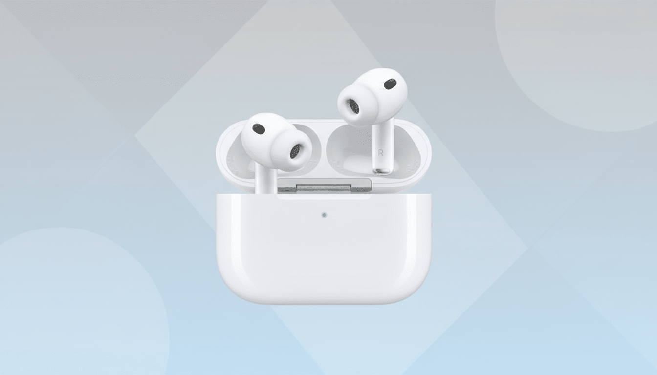 A pair of white wireless earbuds in their open charging case, presented against a professional flat design background with soft patterns and gradients.