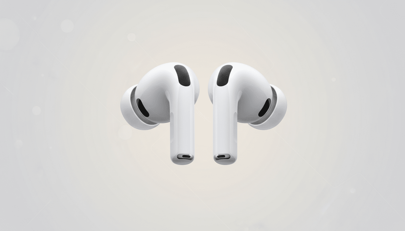 A pair of white wireless earbuds with black accents, presented against a soft, light gray background with subtle, blurred circular patterns.