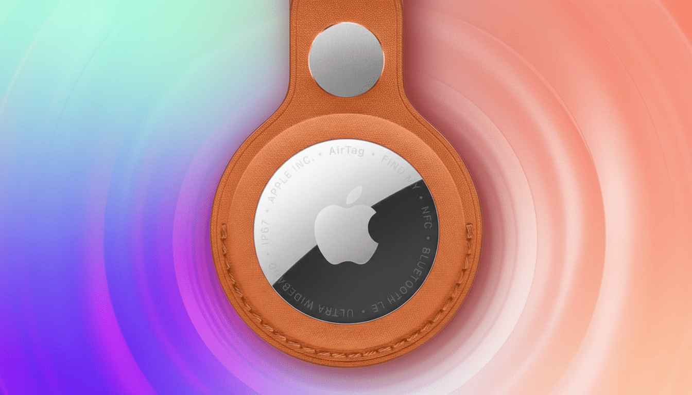 An Apple AirTag in an orange leather loop, centered against a vibrant, swirling background of blue, green, and orange hues.
