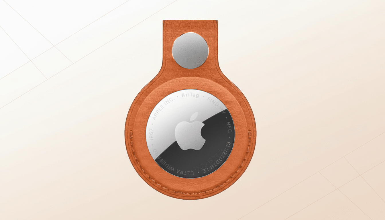 An orange Apple AirTag holder with a silver AirTag visible, set against a professional flat design background with soft patterns and gradients.