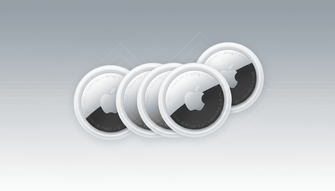 Four Apple AirTags are arranged in a slightly fanned pattern against a professional flat design background with soft gray gradients and subtle geometric patterns.