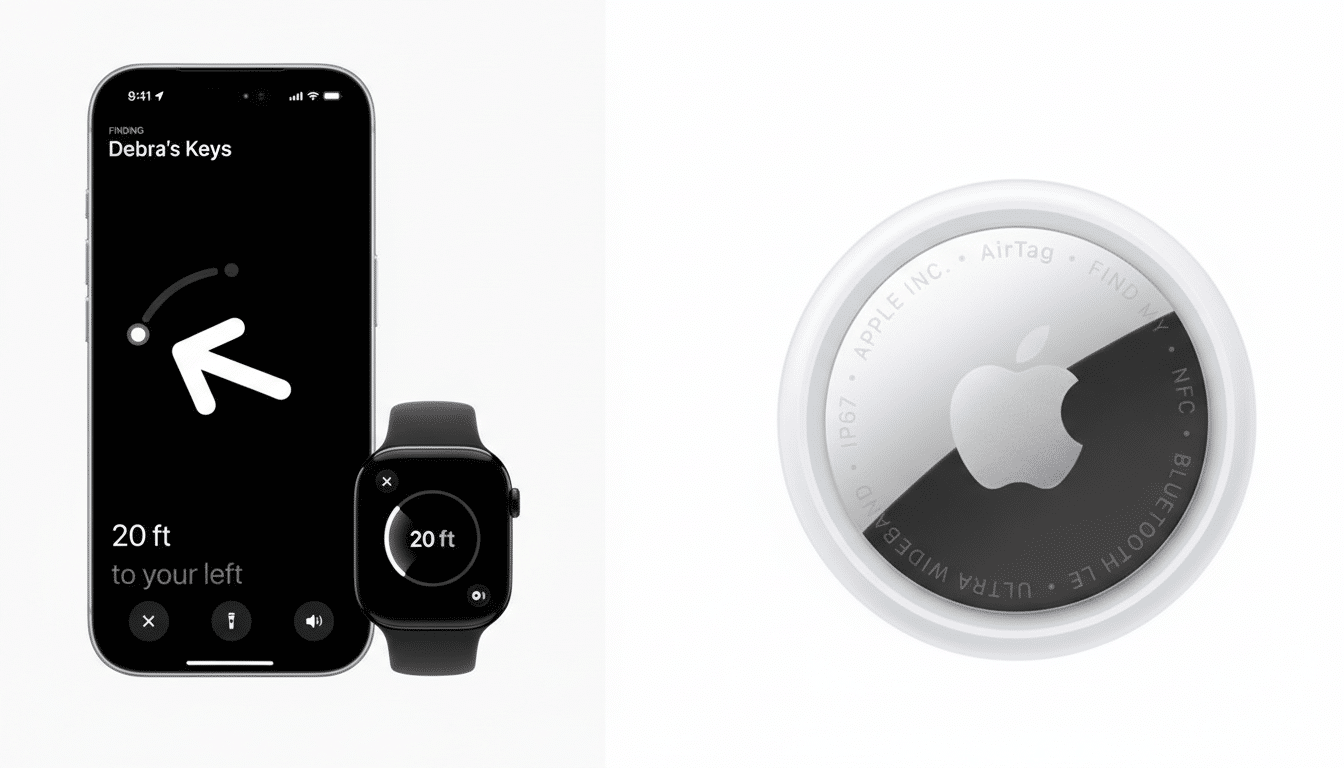 An iPhone displaying the Finding Debras Keys screen with a directional arrow and 20 ft to your left, alongside an Apple Watch showing 20 ft, and a close-up of an Apple AirTag.