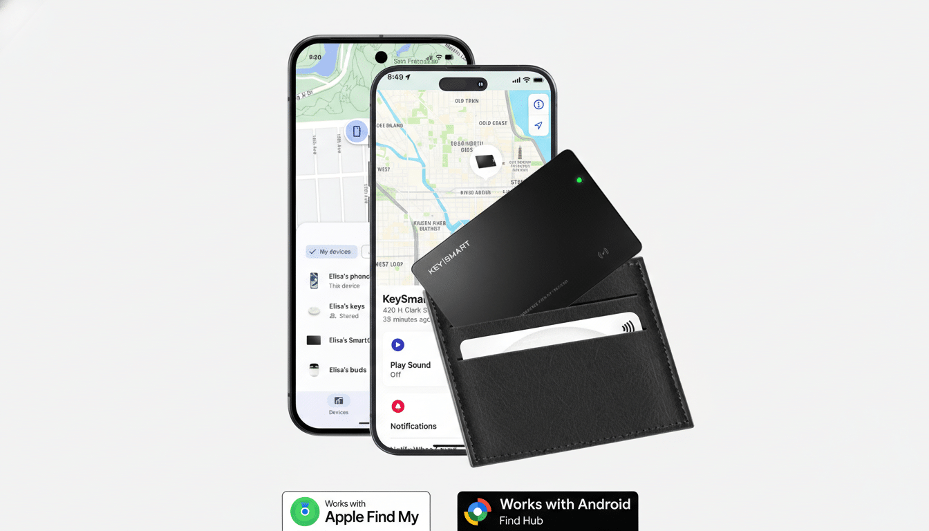 A 16:9 aspect ratio image showing two smartphones displaying a map and device tracking interface, with a black KeySmart card tracker partially inserted into a black wallet. Below, there are two logos: Works with Apple Find My and Works with Android Find Hub.