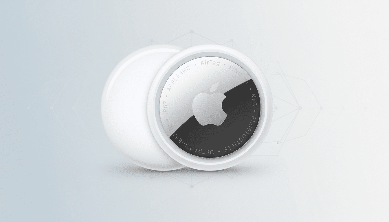 An Apple AirTag, a small white and silver circular tracking device, is centered on a professional light gray background with subtle geometric patterns.