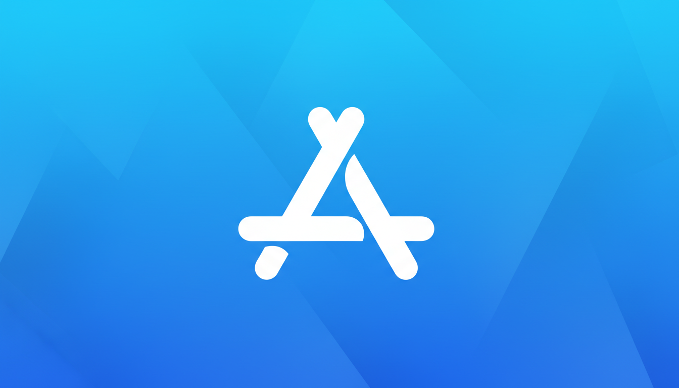 The App Store icon, a white stylized A formed by three lines, centered on a blue gradient background with subtle geometric patterns.