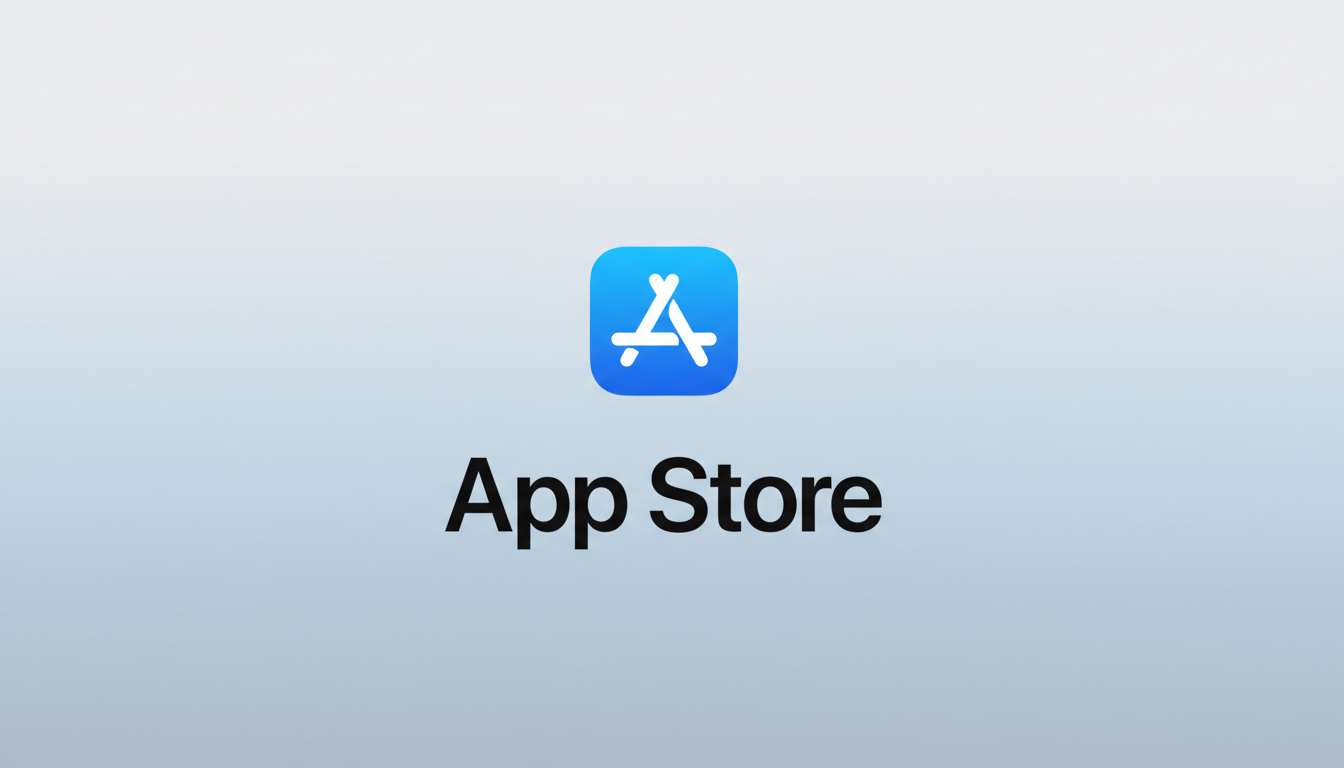 The App Store logo and text on a professional flat design background with a soft gradient.