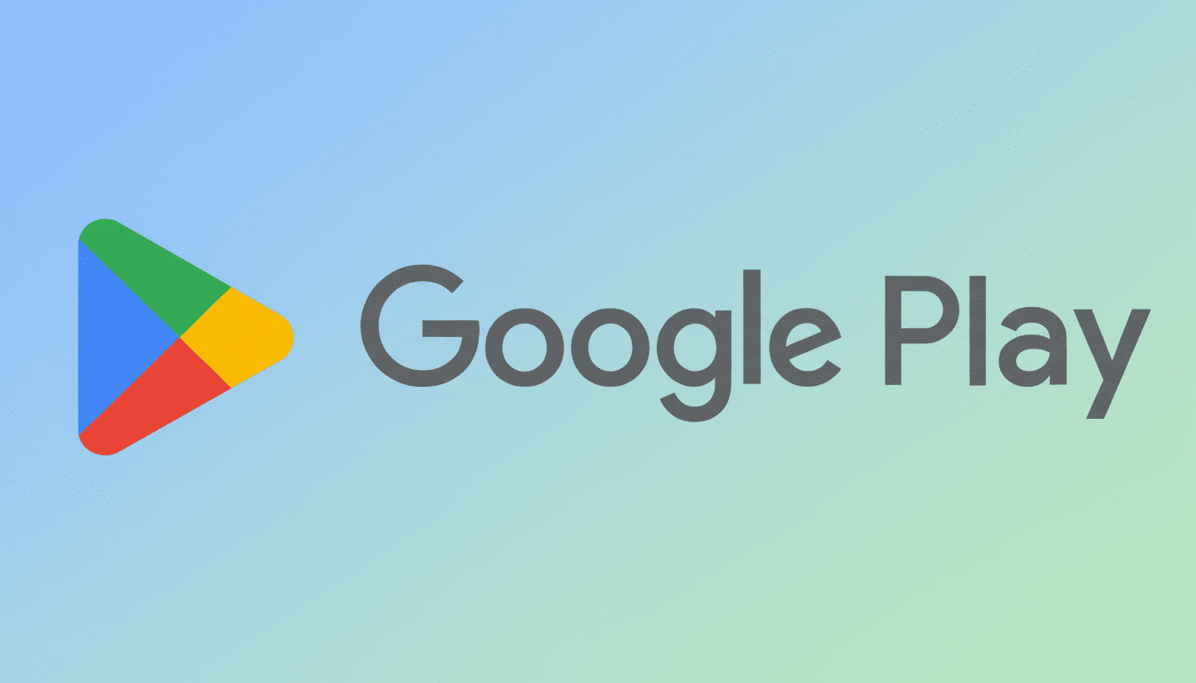 The Google Play logo, featuring a colorful triangular play button icon and the text Google Play in gray, set against a professional flat design background with a soft blue and green gradient.