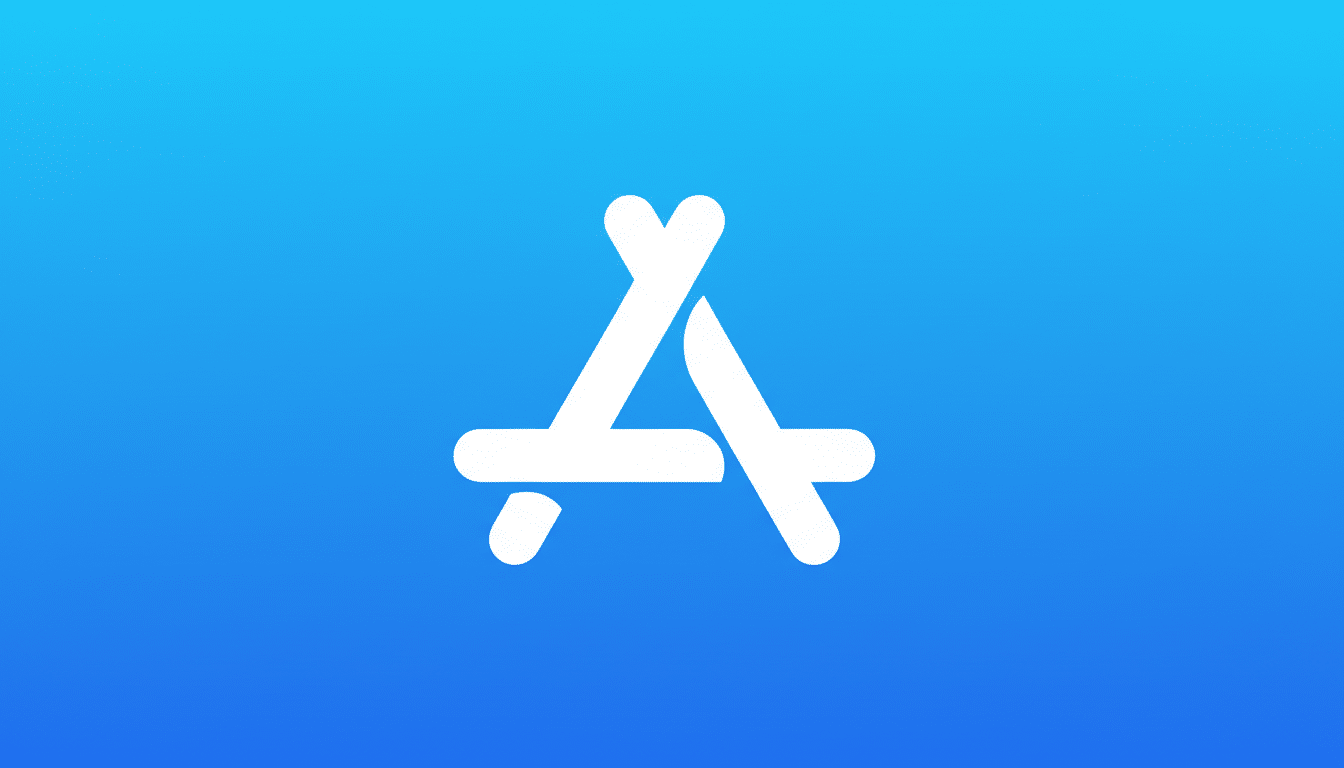The Apple App Store icon, featuring a stylized white A symbol, centered on a vibrant blue gradient background, resized to a 16:9 aspect ratio.