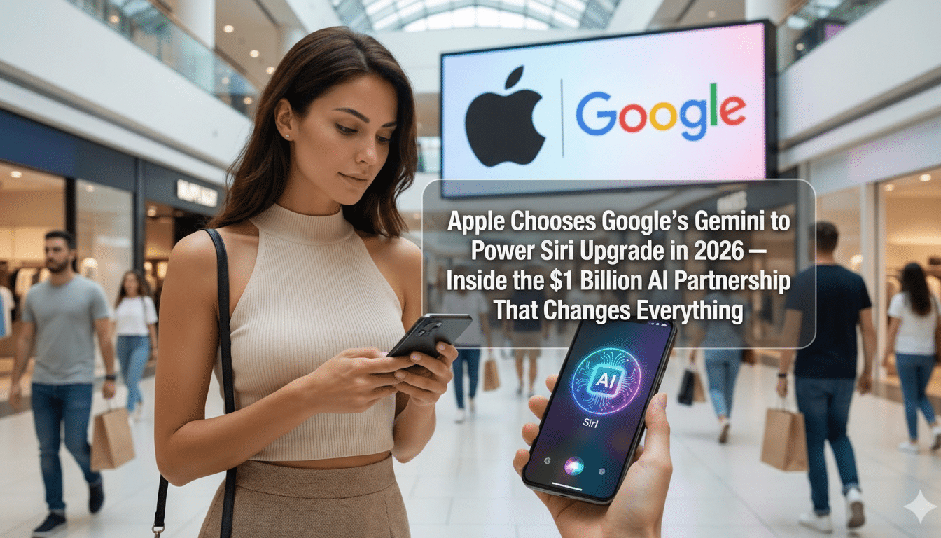 A woman in a shopping mall looking at her phone, with a large screen in the background displaying the Apple and Google logos. An overlay text box reads Apple Chooses Googles Gemini to Power Siri Upgrade in 2026 — Inside the $1 Billion AI Partnership That Changes Everything. A hand in the foreground holds a phone displaying an AI Siri interface.