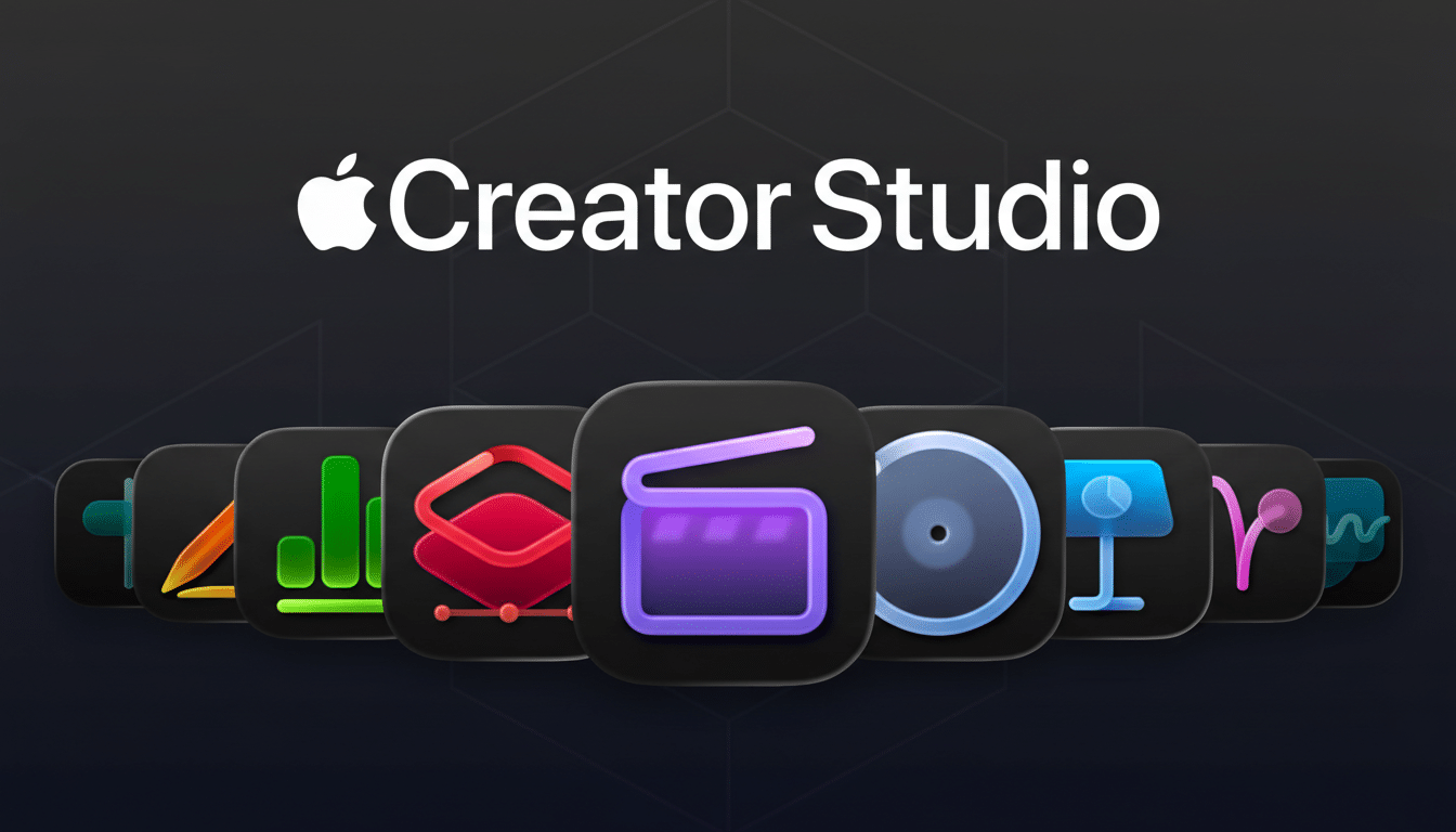 Apple Creator Studio logo and app icons on a dark background with subtle geometric patterns.