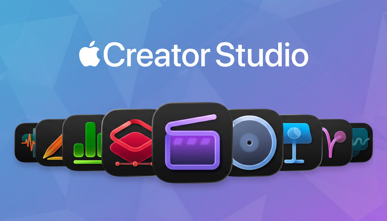 Apple Creator Studio logo with a row of app icons on a gradient background.