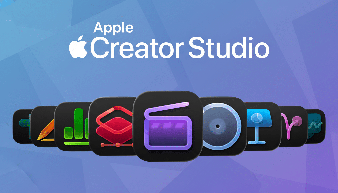 The Apple Creator Studio logo and text are displayed above a row of various app icons, set against a professional 16:9 aspect ratio background with a soft blue and purple gradient.