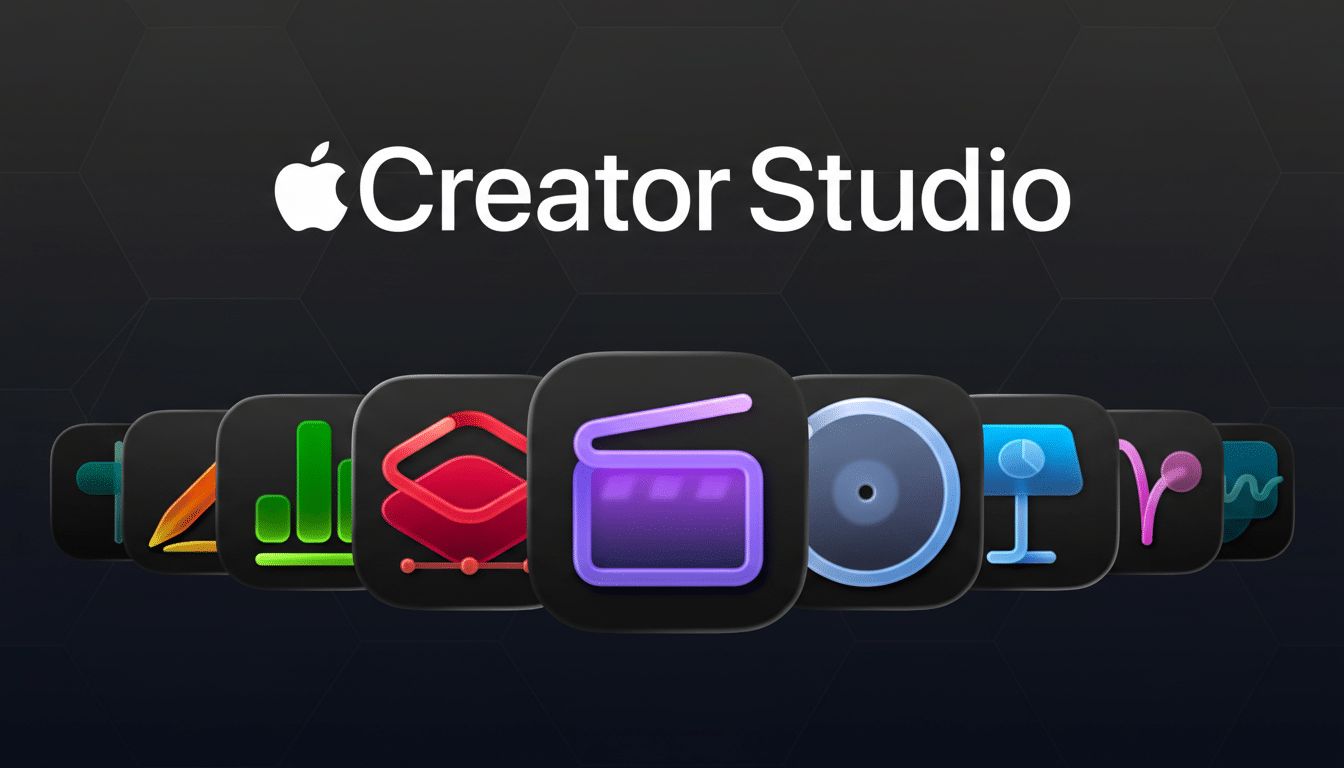 Apple Creator Studio logo and app icons on a dark background with a subtle hexagonal pattern.