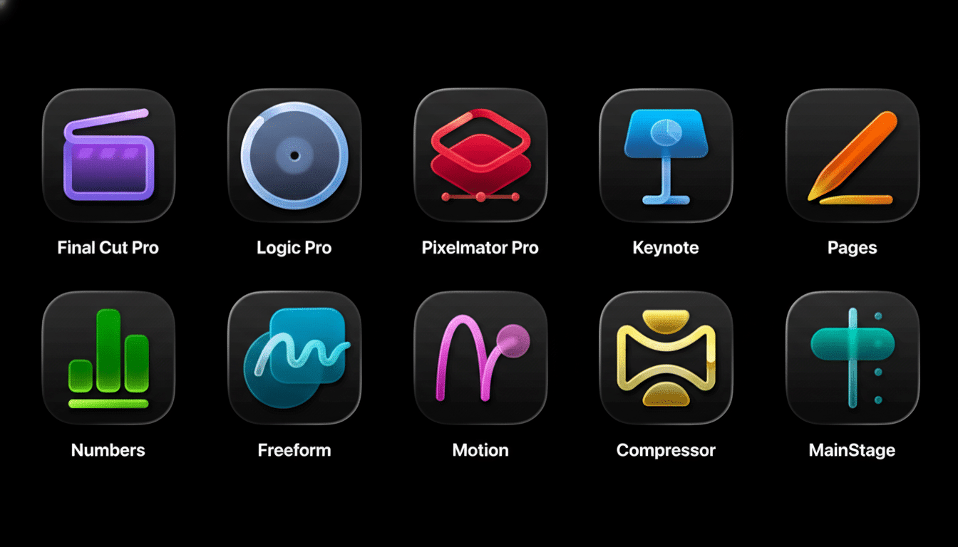 A 16:9 aspect ratio image displaying ten app icons on a black background, including Final Cut Pro, Logic Pro, Pixelmator Pro, Keynote, Pages, Numbers, Freeform, Motion, Compressor, and MainStage.