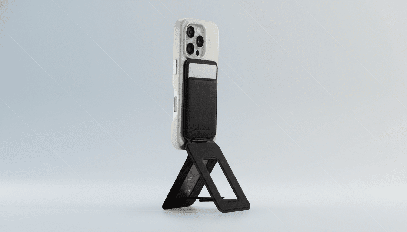 A white iPhone with a black wallet stand attached to its back, standing upright on a light gray background with subtle diagonal patterns.