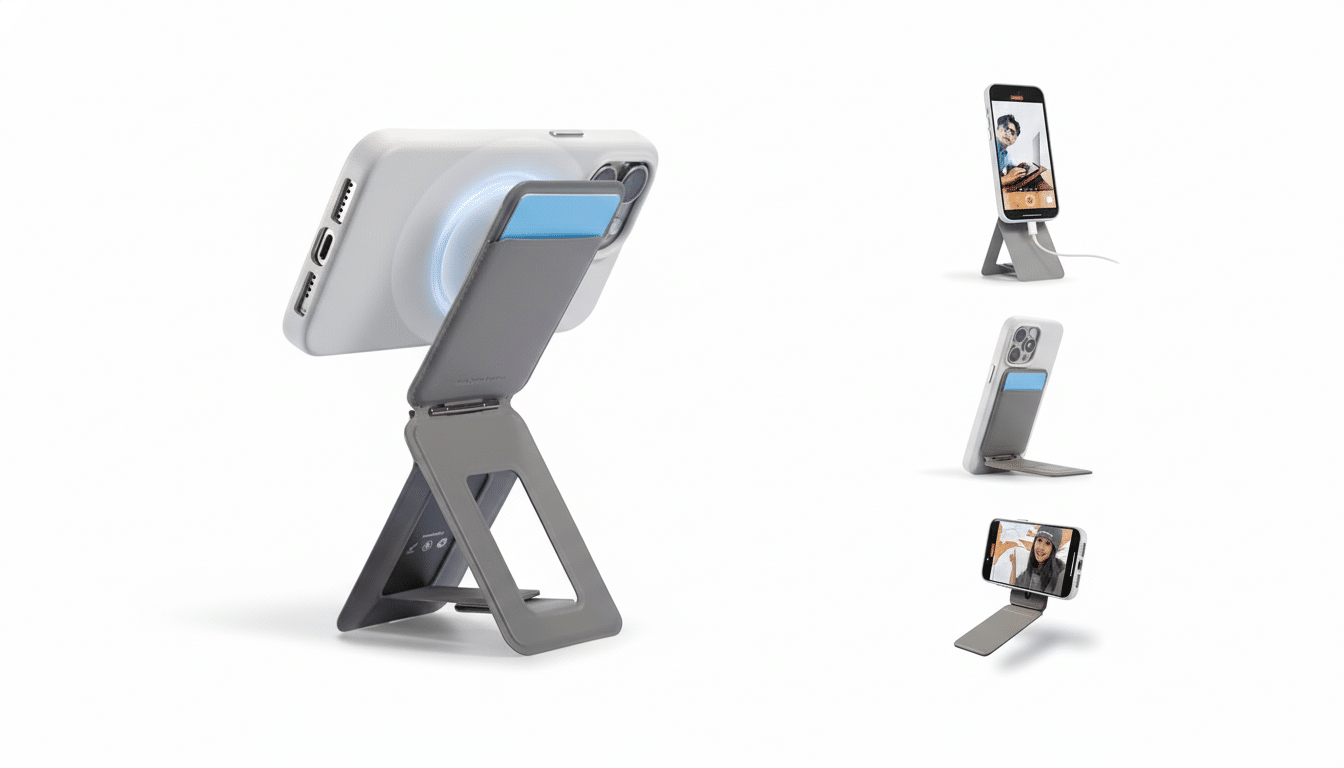 A white iPhone 12 Pro Max with a gray MagSafe wallet stand attached, shown in various orientations and angles.