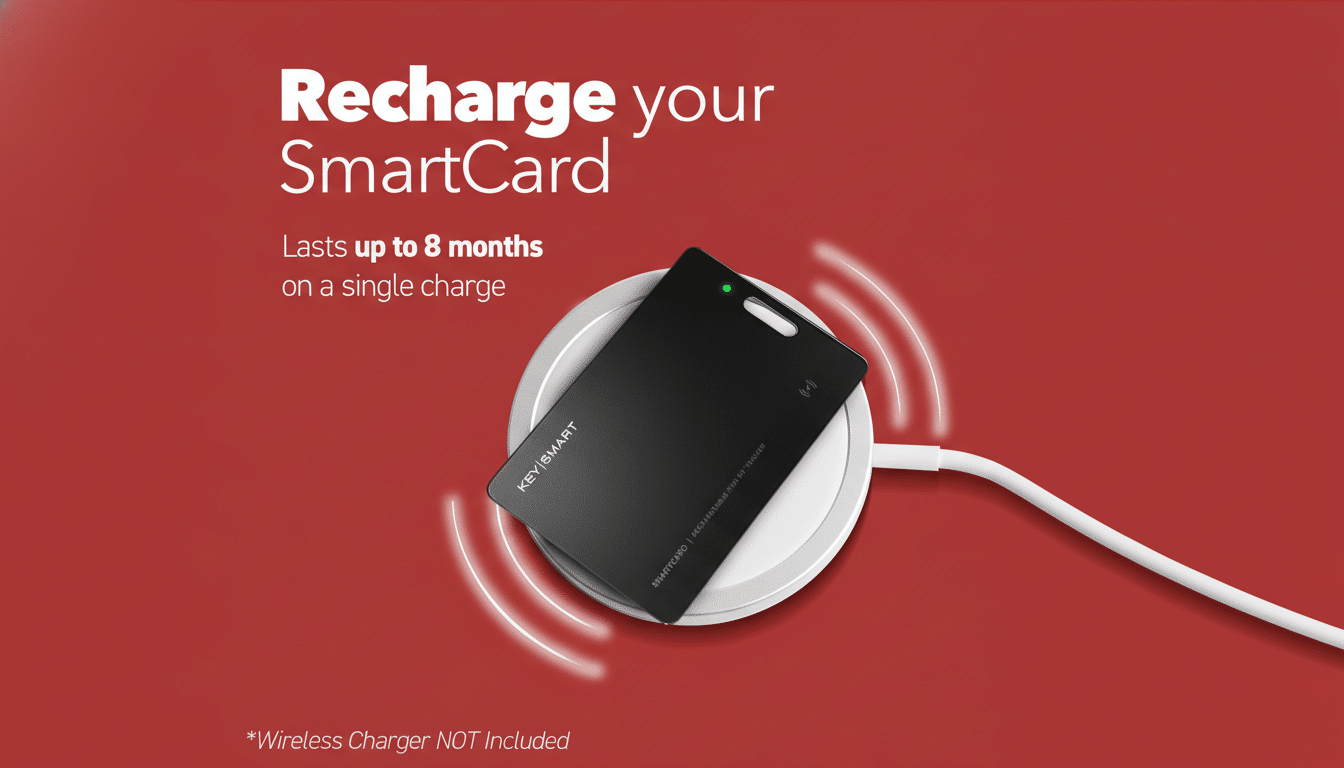 A black KeySmart SmartCard with a green indicator light, resting on a white wireless charger, set against a red background. Text on the image reads Recharge your SmartCard, Lasts up to 8 months on a single charge, and Wireless Charger NOT Included.
