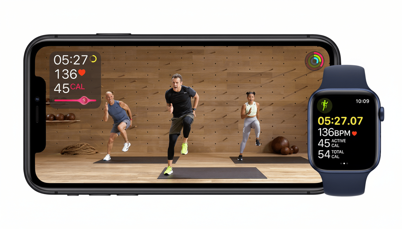 An iPhone displaying a fitness workout with three people exercising, alongside an Apple Watch showing workout metrics.