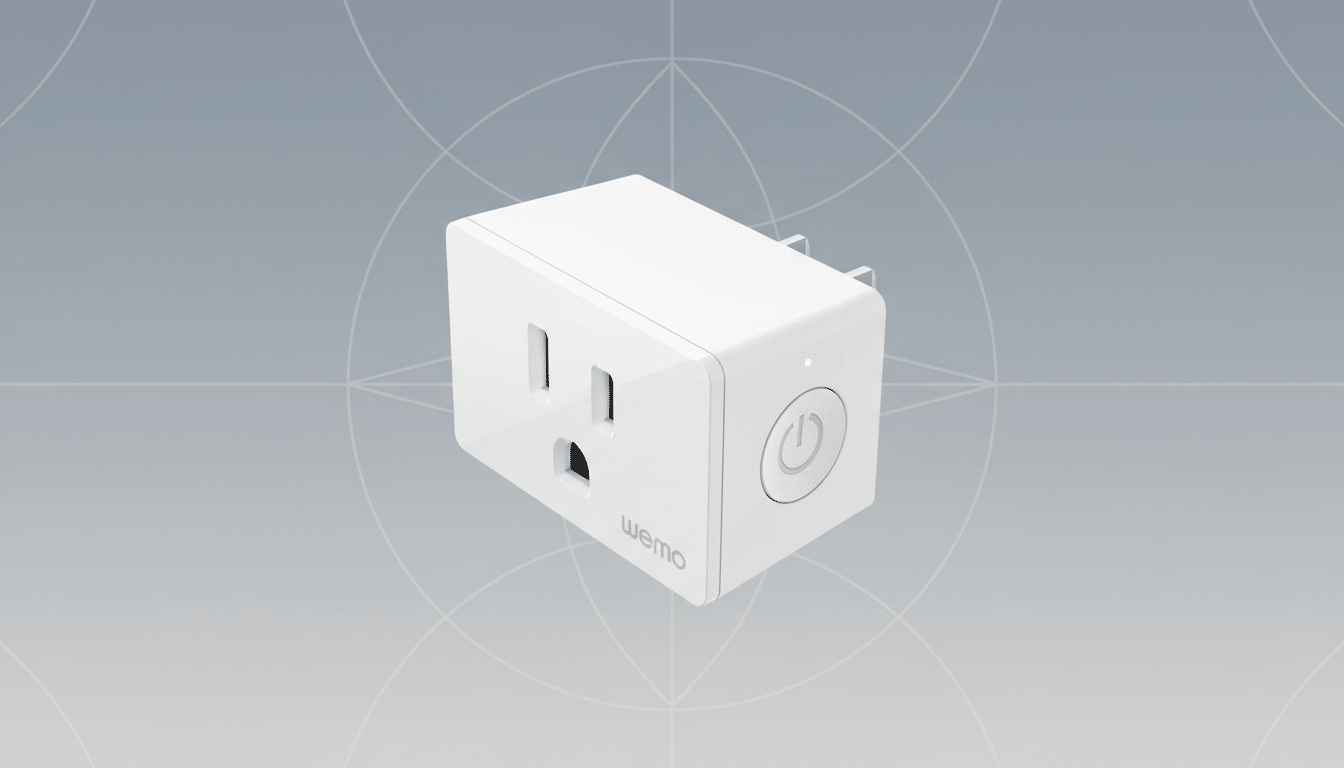 A white WeMo smart plug with a power button and two outlets, set against a professional gray background with subtle geometric patterns.