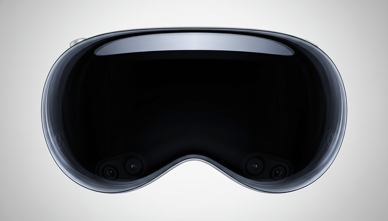 A sleek, dark virtual reality headset with a reflective front panel, presented on a professional flat design background with a soft gradient.
