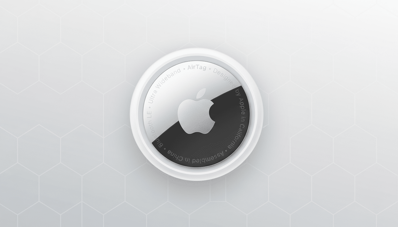 An Apple AirTag centered on a light gray background with a subtle hexagonal pattern.