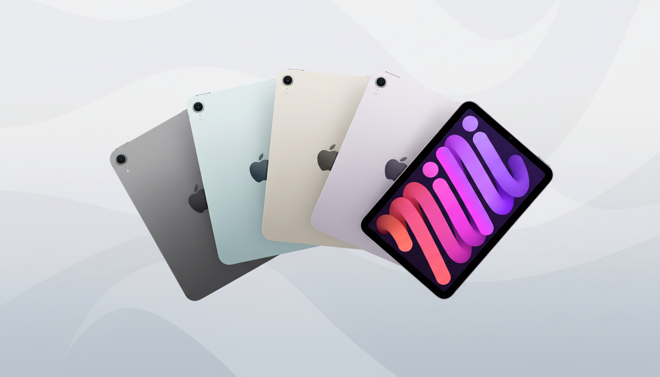 Four iPad Minis in different colors (space gray, blue, starlight, and purple) fanned out on a light gray background with subtle wave patterns. The purple iPad Mini in the foreground displays a colorful Mini logo on its screen.