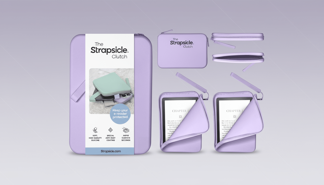 A 16:9 aspect ratio image showcasing the Strapsicle Clutch e-reader case in lavender. The main product shot on the left highlights its features: soft, high-quality silicone, special anti-dust coating, and easy cleaning. An inset image shows the clutch holding an e-reader and other accessories. On the right, multiple views of the clutch are displayed, including open and closed states, and with an e-reader partially inserted. The background is a professional flat design with soft gradients, maintaining a clean and focused presentation of the product.