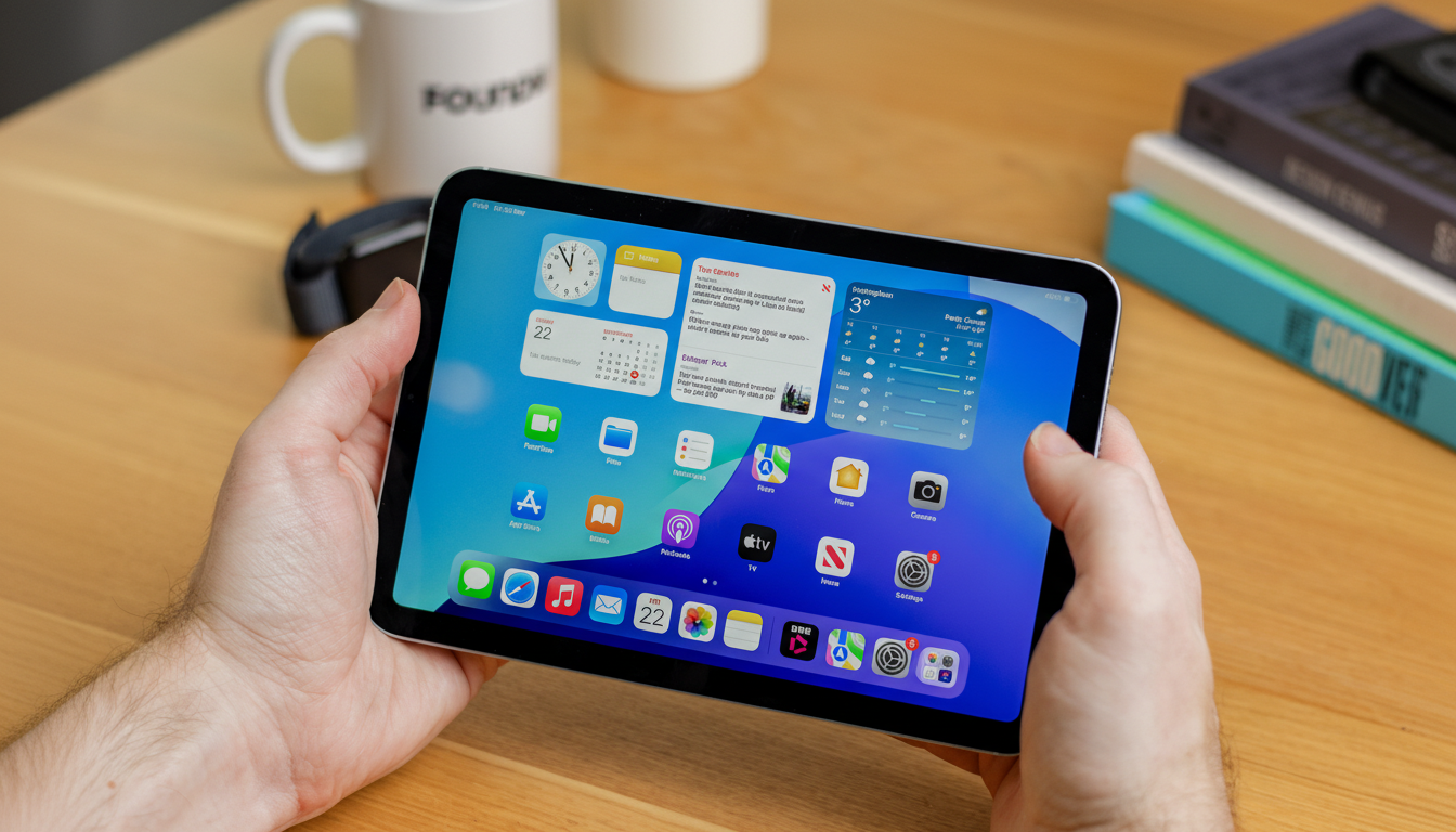 A person holding an iPad Mini displaying the home screen with various app icons and widgets.