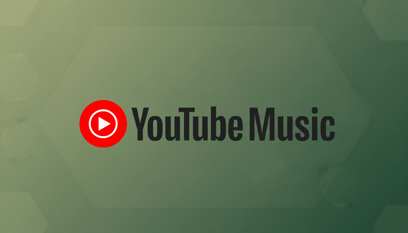 The YouTube Music logo, featuring a red play button icon within a white circle, followed by the text YouTube Music in dark gray, set against a professional flat design background with soft green gradients and subtle hexagonal patterns.