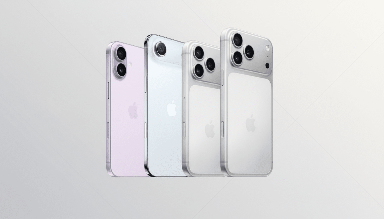 Four iPhones in different colors (purple, light blue, and two shades of silver/white) are arranged in a row, slightly angled, against a professional flat design background with soft patterns and gradients.