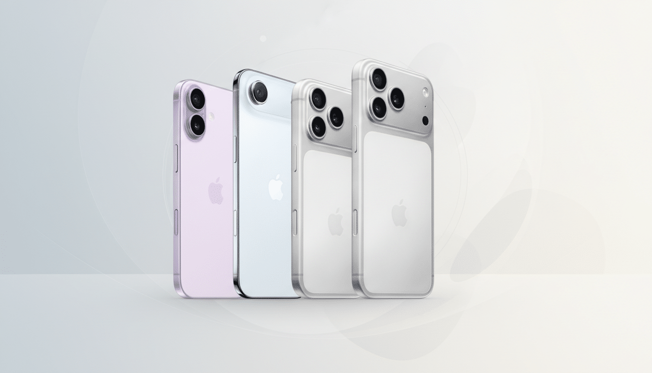 Four iPhones in different colors (purple, light blue, and two silver) are arranged in a row, with a professional flat design background featuring soft patterns and gradients.