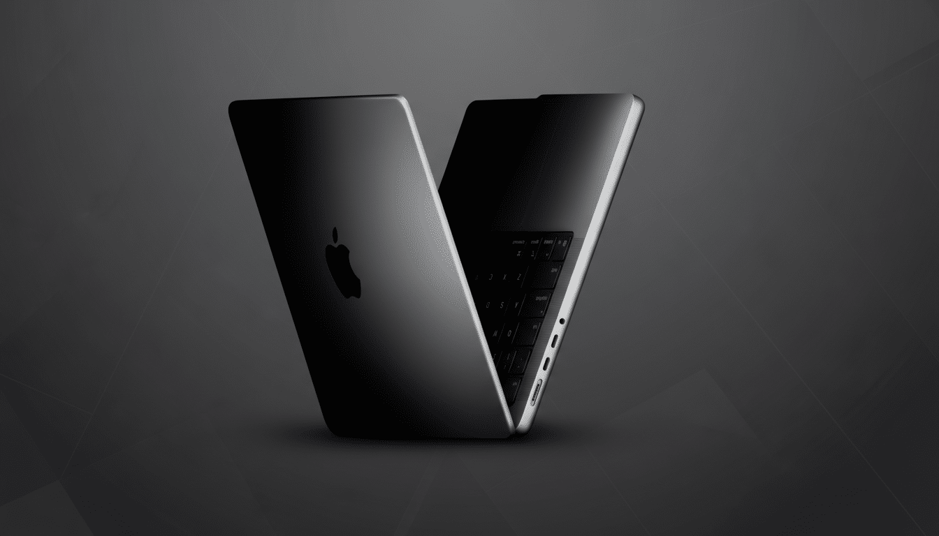 A sleek, dark gray MacBook Pro is shown partially open against a professional dark gray background with subtle geometric patterns. The Apple logo is visible on the lid, and the keyboard and side ports are partially illuminated.