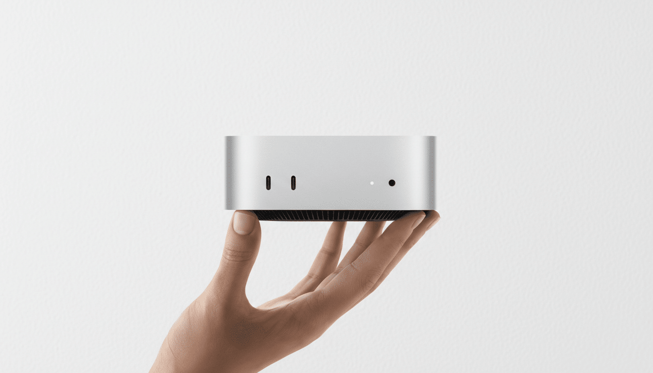 A hand holding a silver Mac Studio computer against a white background.