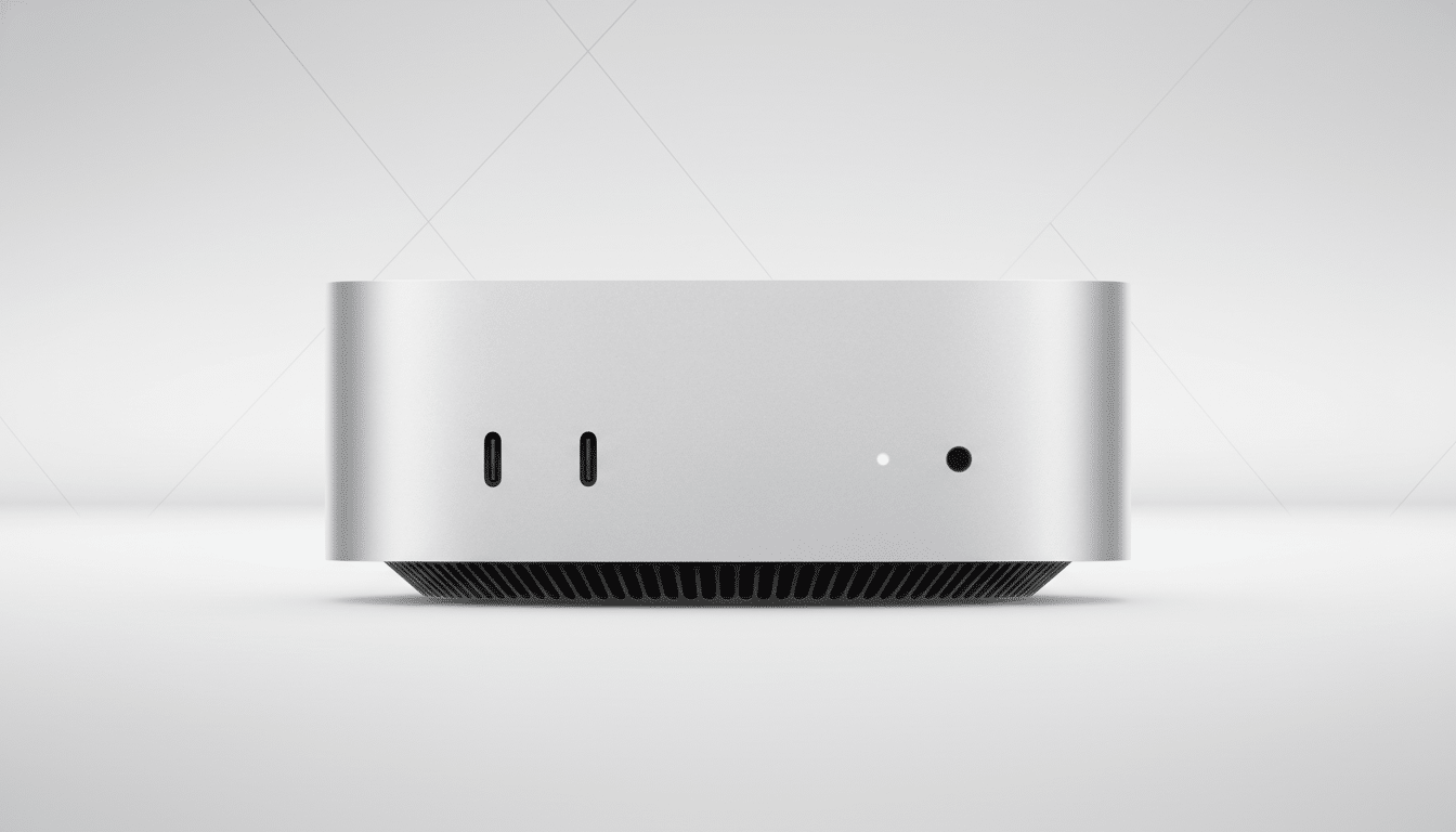 A silver Mac Studio desktop computer is shown from the front, featuring two USB-C ports, a small white indicator light, and a black power button on a professional light gray background with subtle geometric patterns.