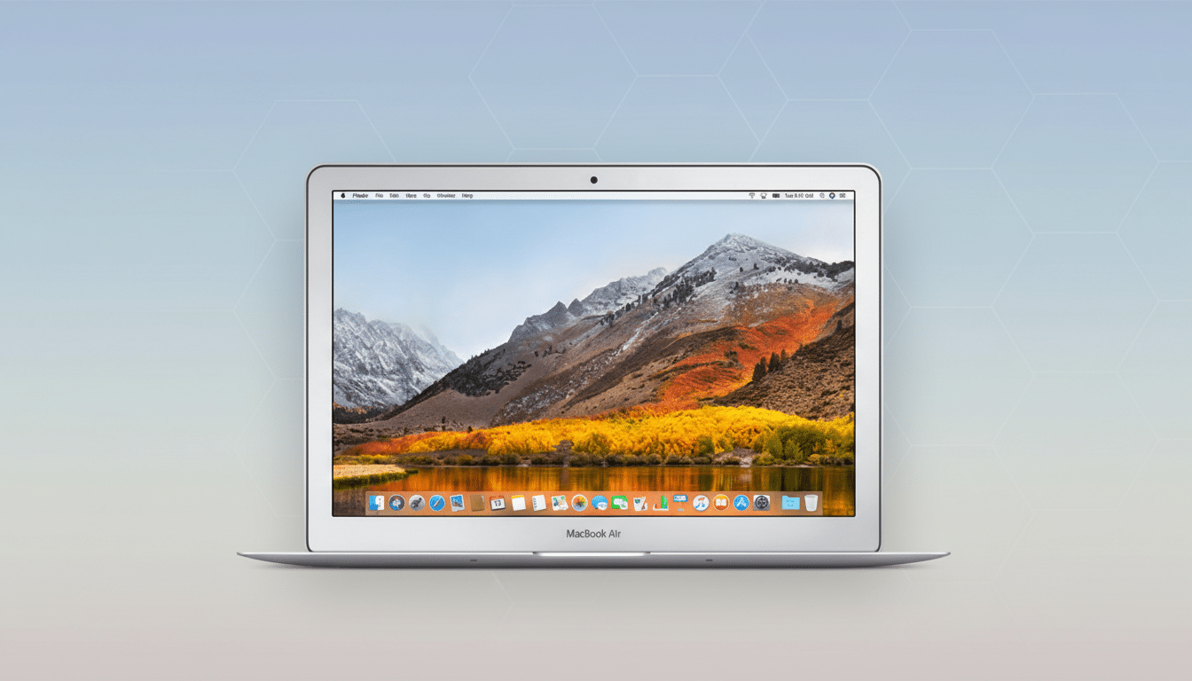 A silver MacBook Air laptop with a mountain landscape on its screen, set against a professional light blue gradient background with subtle hexagonal patterns.