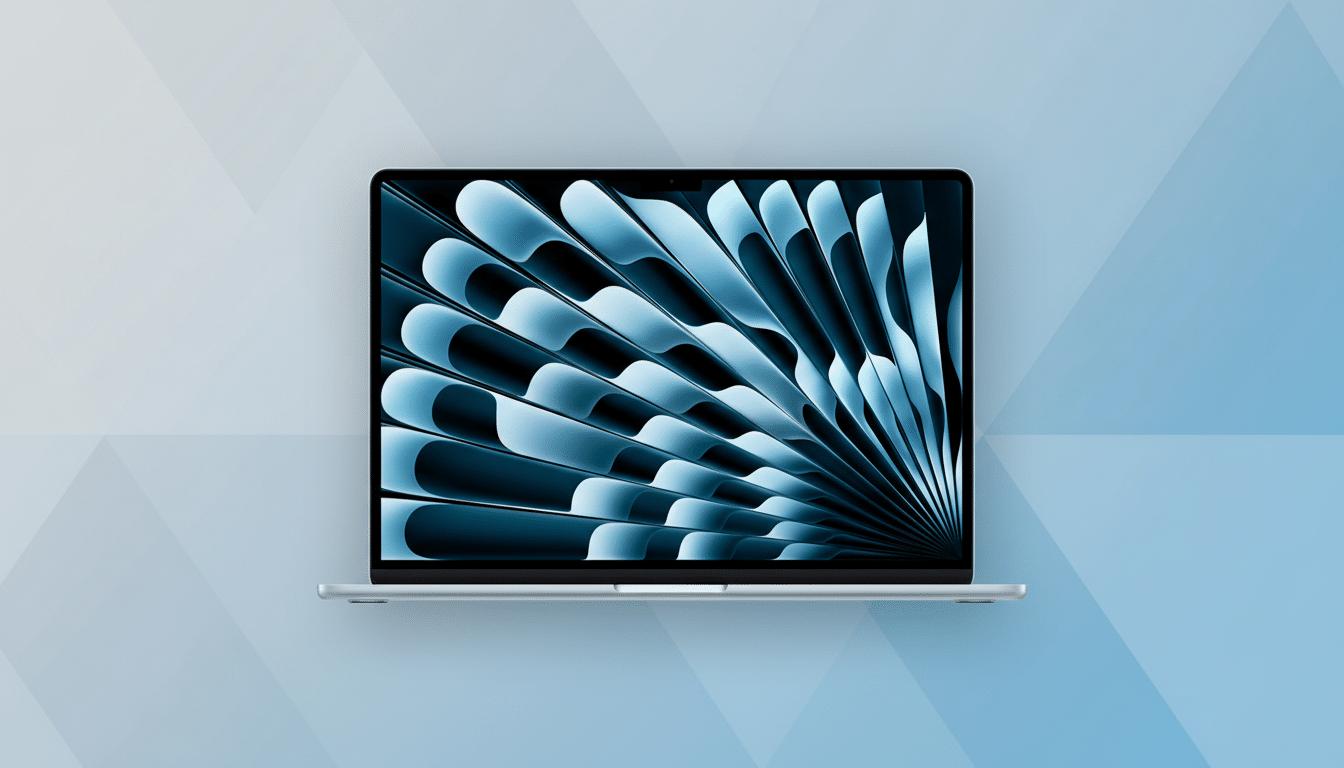 A silver laptop with a screen displaying a blue and black abstract design, set against a professional light blue background with subtle geometric patterns.