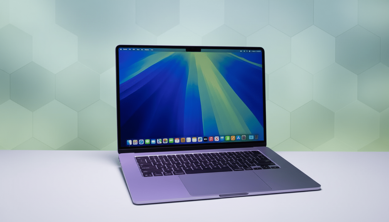A silver MacBook Pro with a blue and yellow abstract wallpaper displayed on its screen, set against a light green hexagonal pattern background.