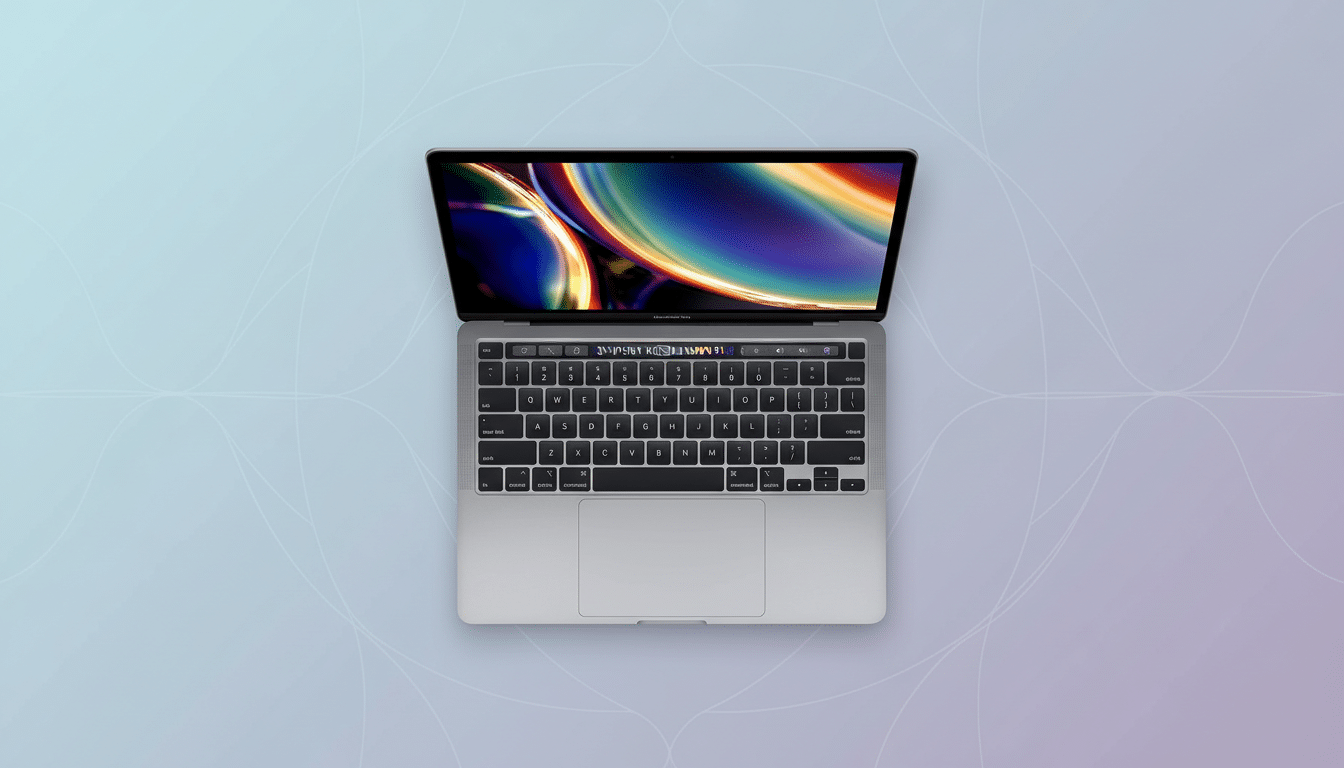 A top-down view of a silver MacBook Pro with its screen displaying a colorful abstract wallpaper, set against a light blue and purple gradient background with subtle geometric patterns.