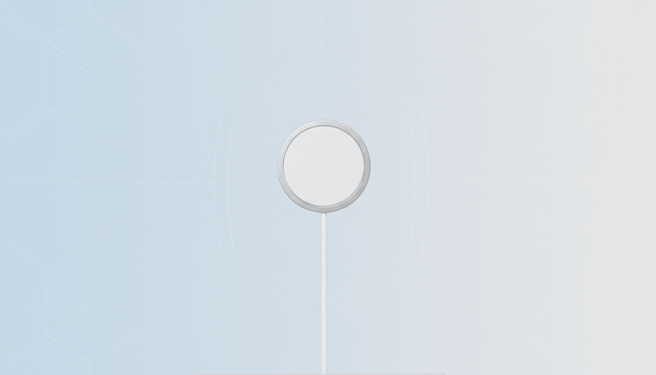 A white circular MagSafe charger with a silver rim and a white cable extending downwards, set against a professional light blue and white gradient background with subtle geometric patterns.