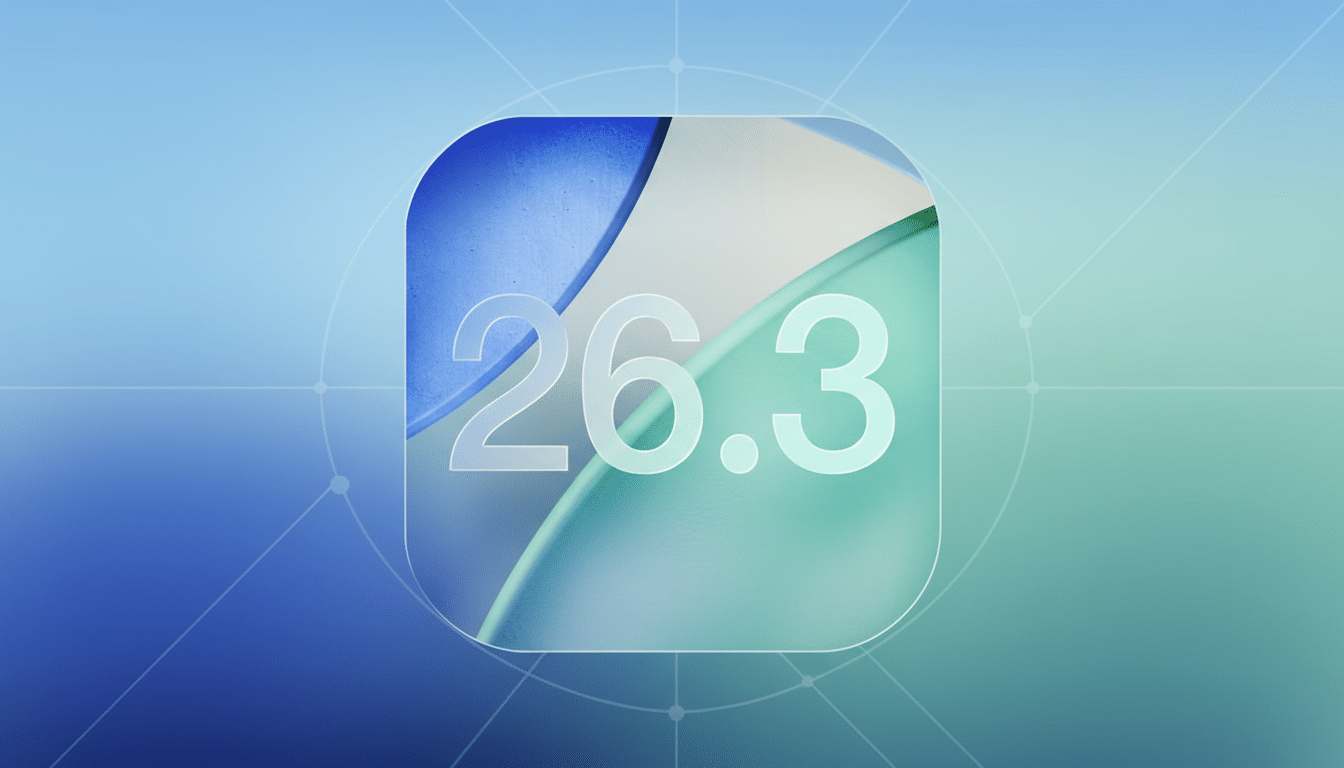 A professional 16:9 aspect ratio image featuring a rounded square icon with the numbers 26.3 in white, set against a background of soft blue and green abstract shapes. The overall background is a gradient of blue and green with subtle geometric patterns.