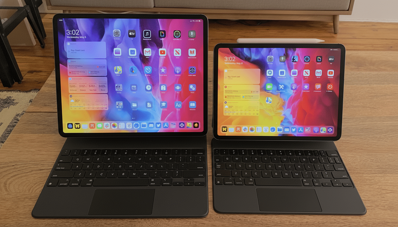 Two iPads with keyboards attached, one larger than the other, are displayed on a wooden surface.