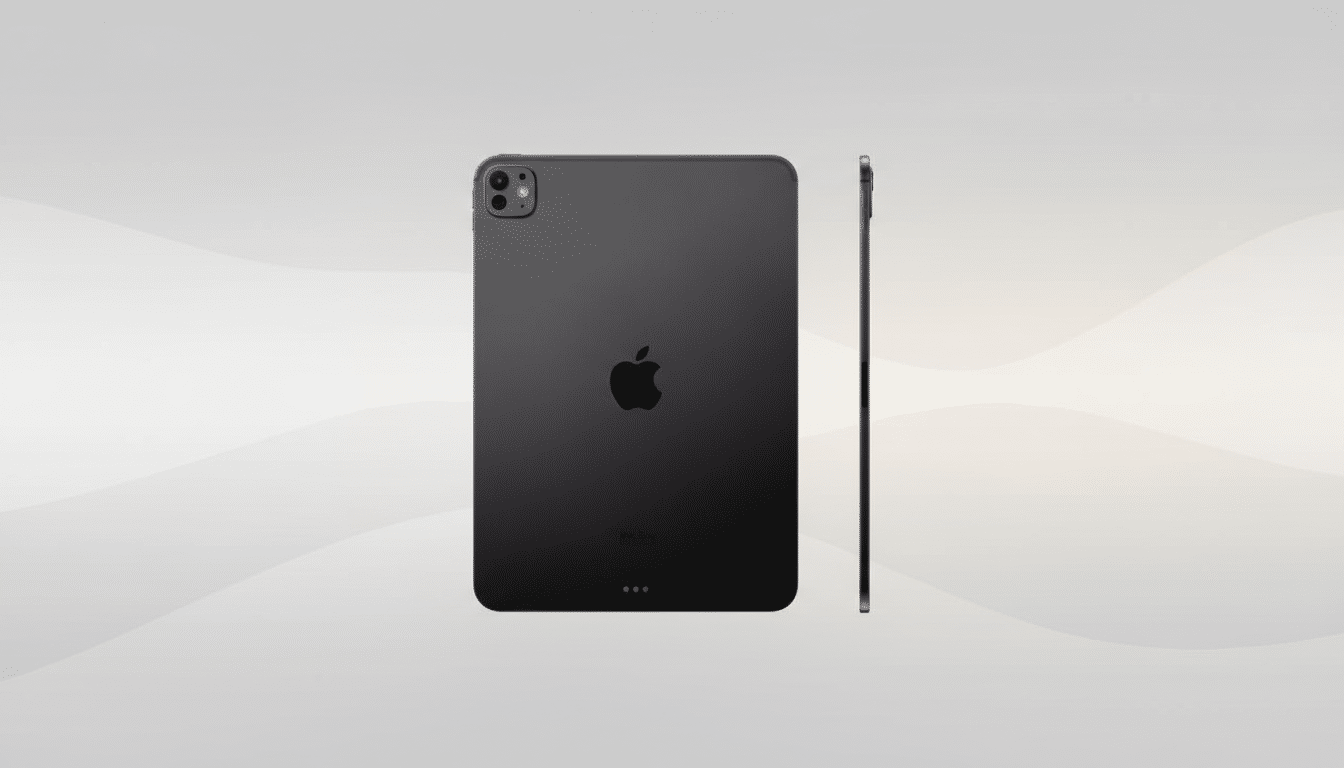 A dark gray iPad Pro is shown from the back and side, set against a light gray background with subtle, wavy patterns.