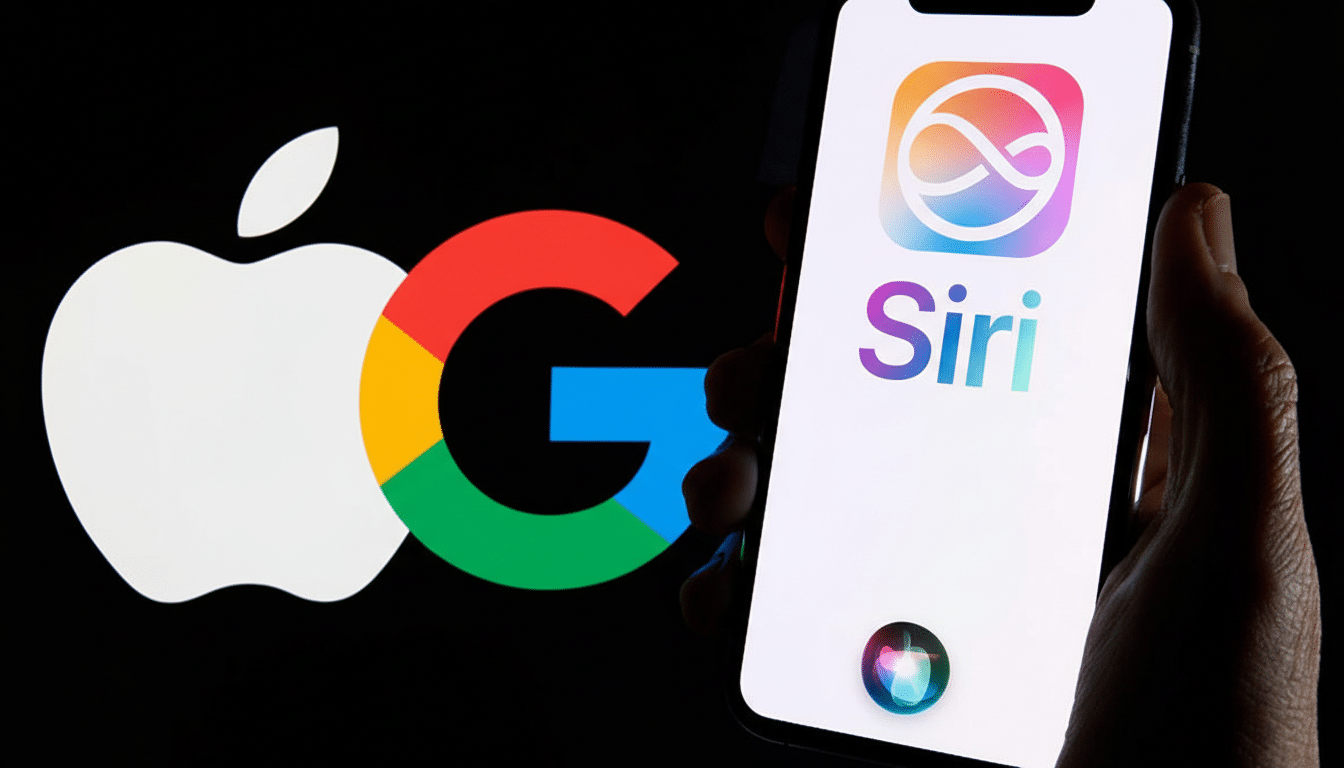 A hand holding an iPhone displaying the Siri app, with the Apple and Google logos in the background.