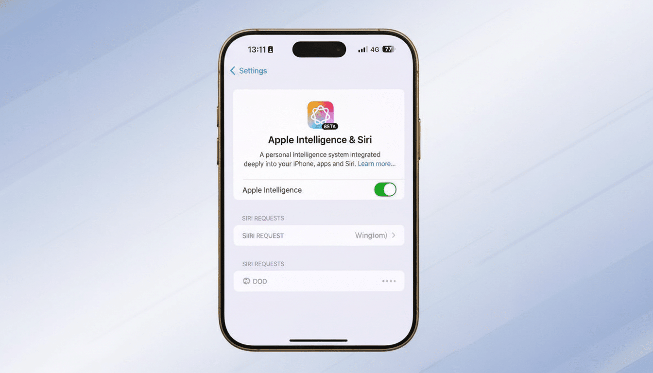 An iPhone displaying the Apple Intelligence & Siri settings screen, with a professional flat design background.