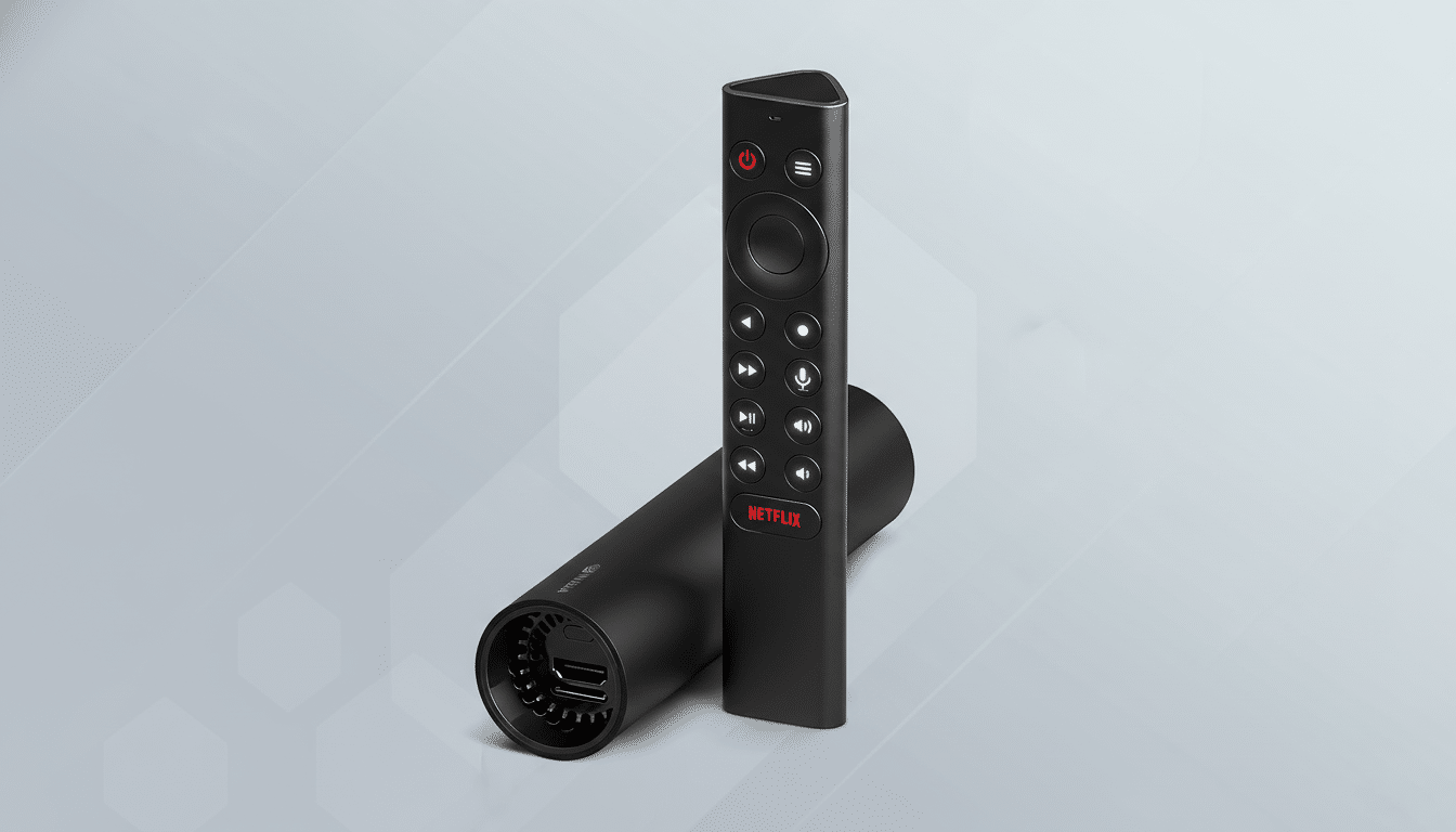 A black NVIDIA Shield TV remote control stands upright in front of a black cylindrical NVIDIA Shield TV device, both set against a professional light gray background with subtle geometric patterns.
