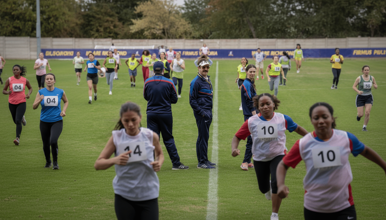 A group of people, including a man in a visor and tracksuit, are on a grassy field with a track in the background, some running and some standing.
