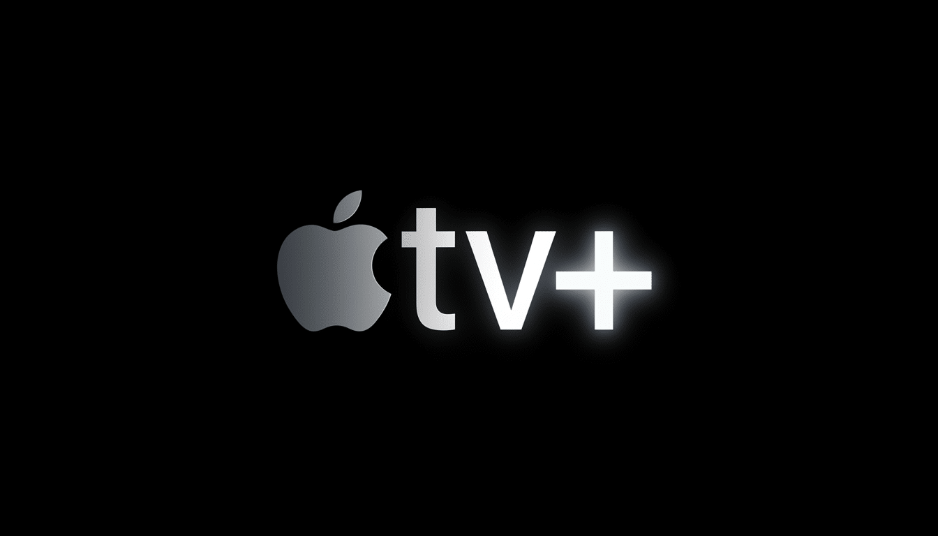 The Apple TV+ logo, featuring a silver Apple icon and the glowing white text tv+ on a black background, resized to a 16:9 aspect ratio.