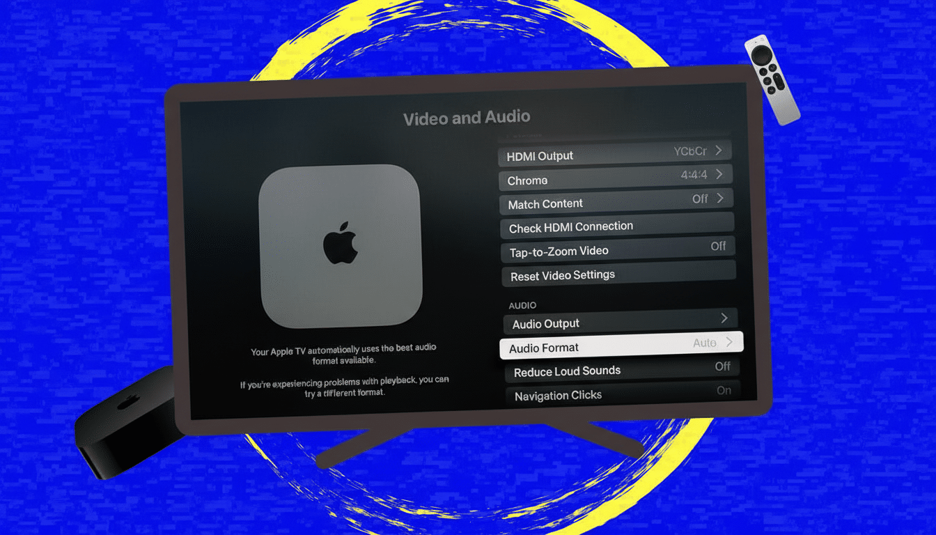 A television screen displaying the Video and Audio settings menu, with an Apple TV device and remote control visible.