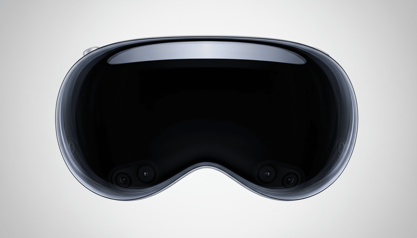 A sleek, dark virtual reality headset with a reflective front panel, presented on a professional flat design background with a soft gradient.